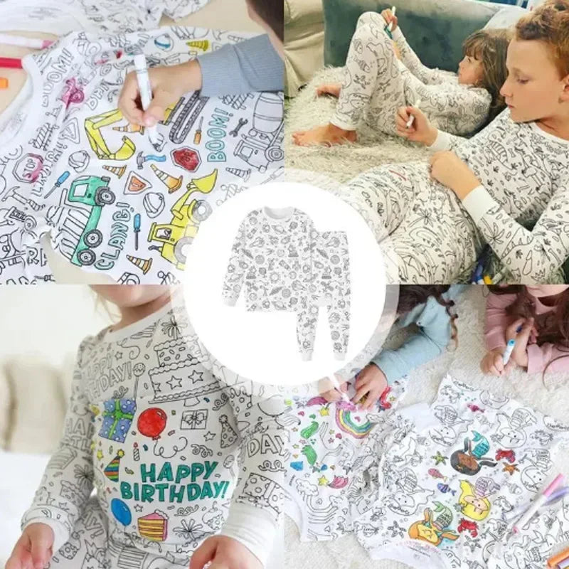 DIY Sketch Colorful Freehand Graffiti Pajamas Sets Baby Boys Girls Long sleeves Sleepwear Outfits Kids Funny Handicraft Homewear