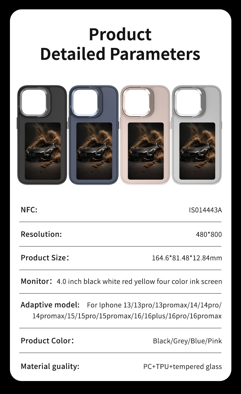 New E ink 4.0 inch Screen Digital Case for iPhone 16 16e 15 14 13pro max NFC Photo Custom Funda Mobile Back Cover With Bracket
