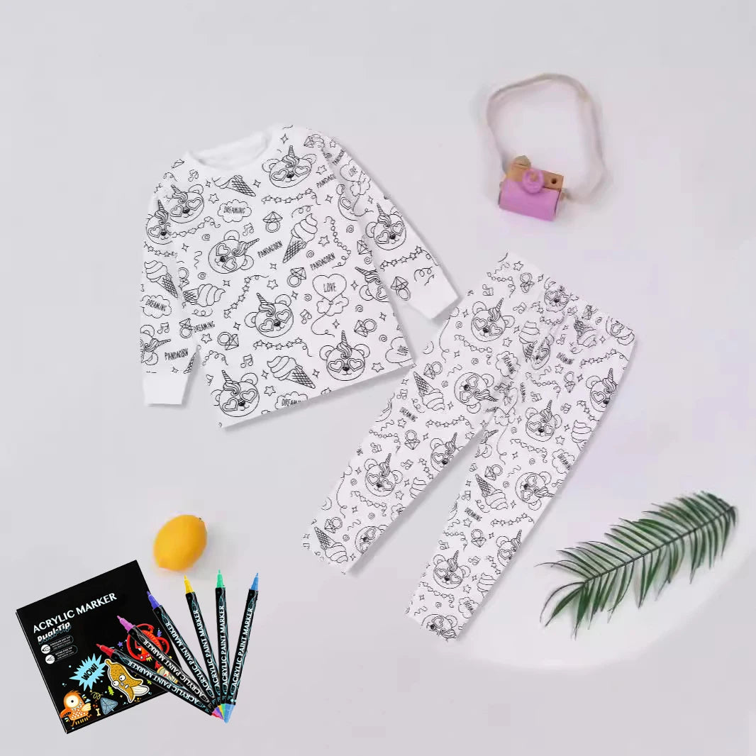 DIY Sketch Colorful Freehand Graffiti Pajamas Sets Baby Boys Girls Long sleeves Sleepwear Outfits Kids Funny Handicraft Homewear