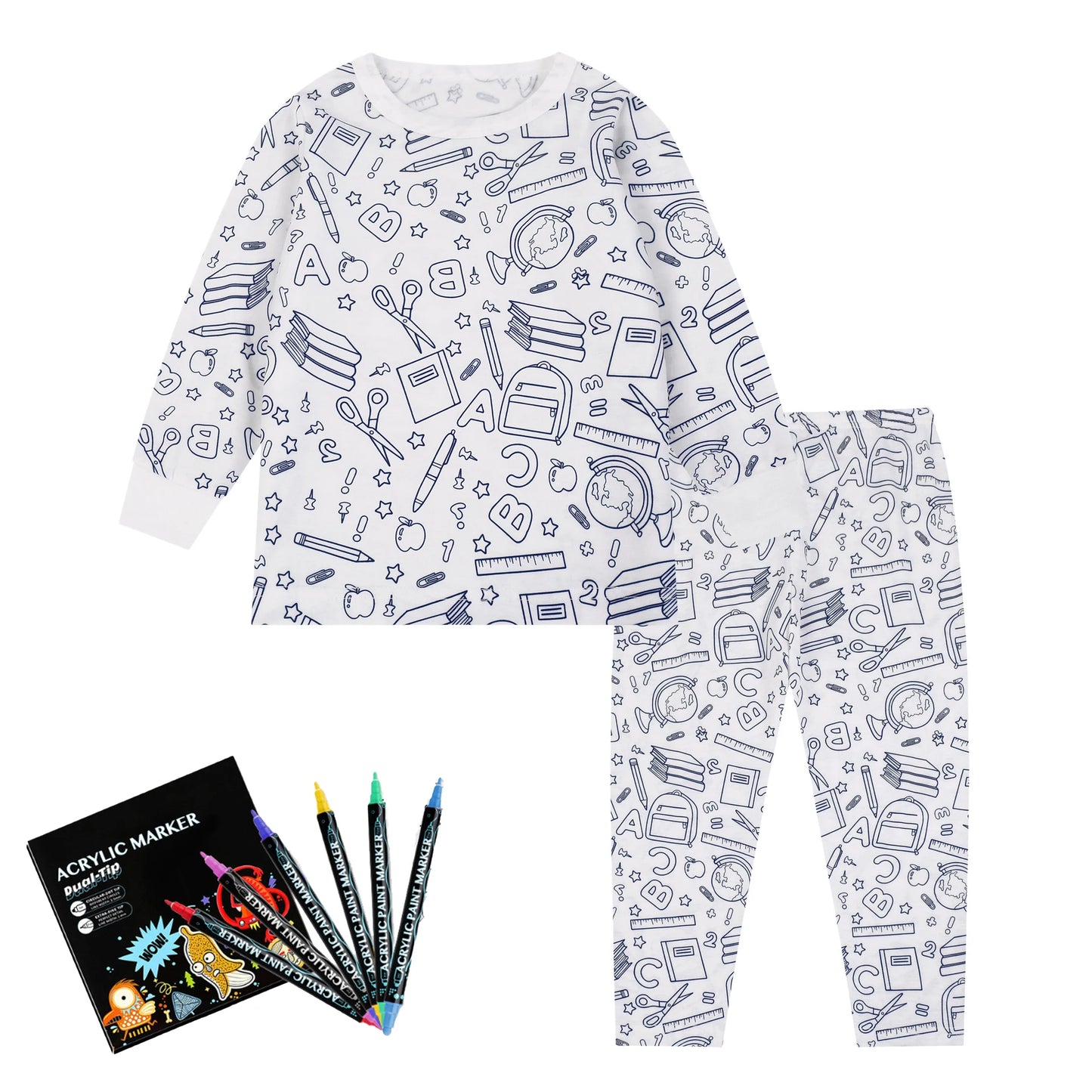 DIY Sketch Colorful Freehand Graffiti Pajamas Sets Baby Boys Girls Long sleeves Sleepwear Outfits Kids Funny Handicraft Homewear
