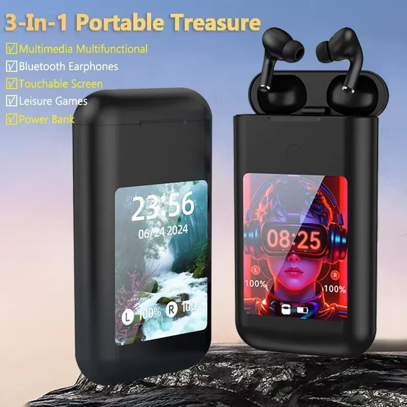 Bluetooth Wireless Headphones 8000mAh Charging Case In Ear Headset Power Bank With Mic 3 in 1 2.8-Inch Screen Touch Earphones